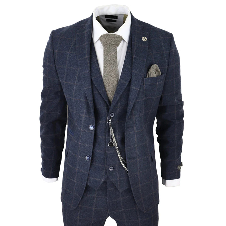 Tru Clothing - 3 Piece Tweed Navy Suit with Blue Brown Check