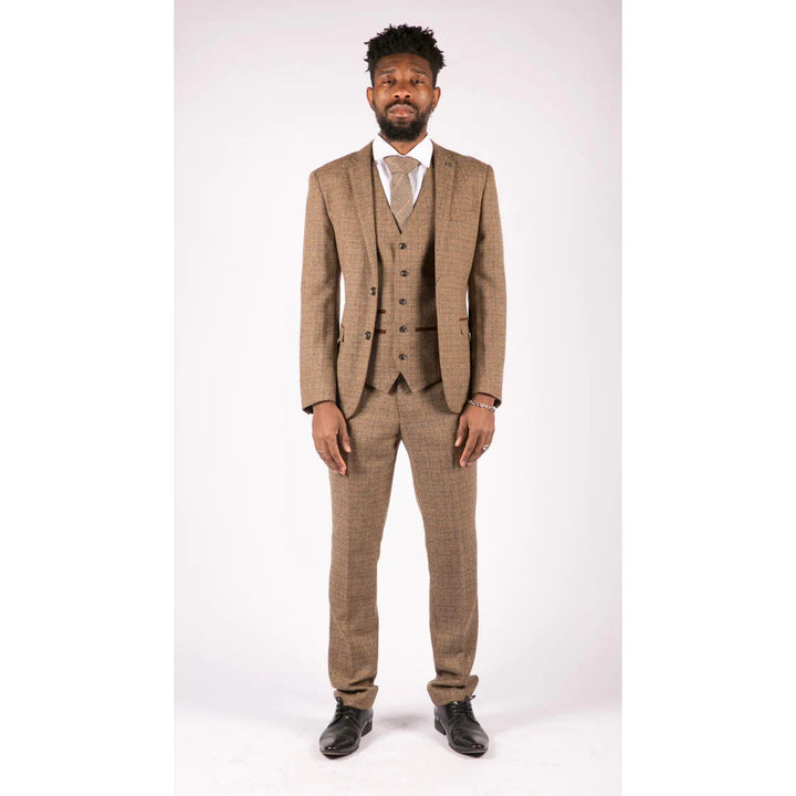 Mens 3 Piece Tweed Check Suit - Brown