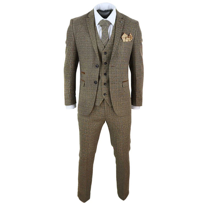 Mens 3 Piece Tweed Check Suit - Brown