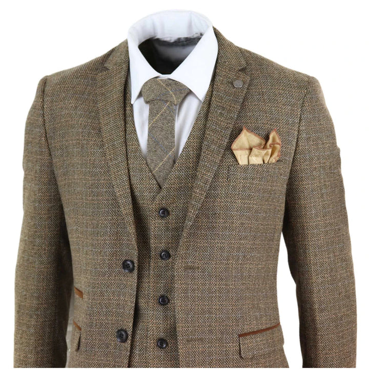 Mens 3 Piece Tweed Check Suit - Brown