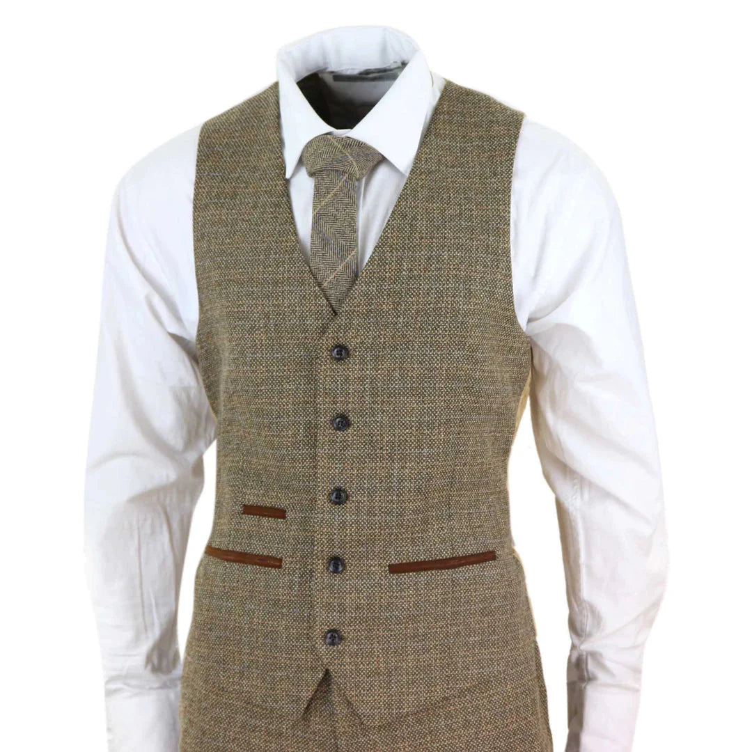 Mens 3 Piece Tweed Check Suit - Brown