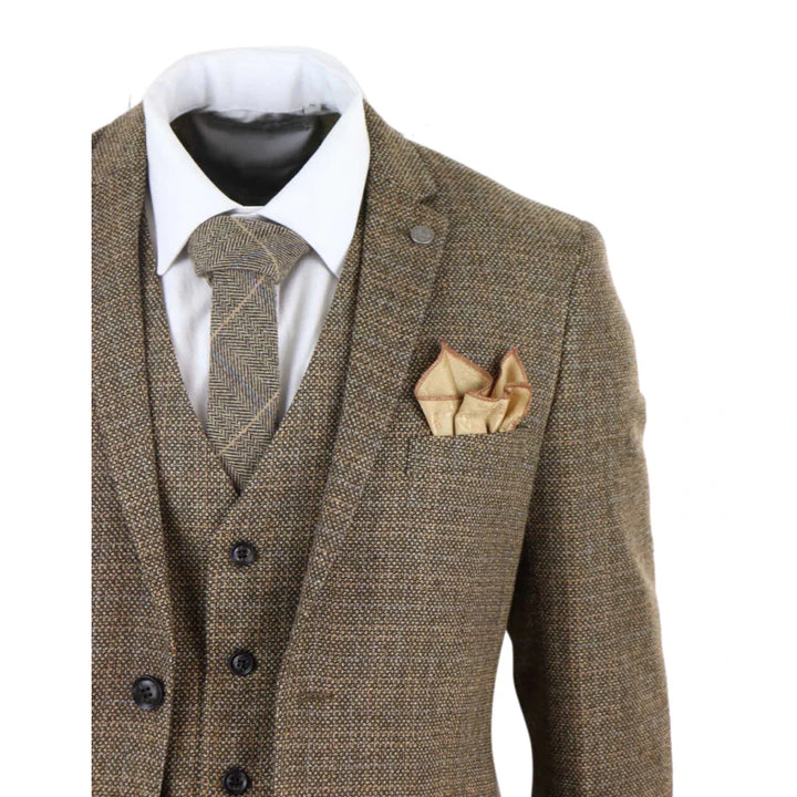 Mens 3 Piece Tweed Check Suit - Brown