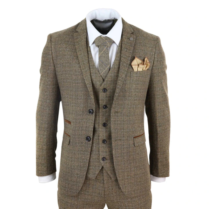 Mens 3 Piece Tweed Check Suit - Brown