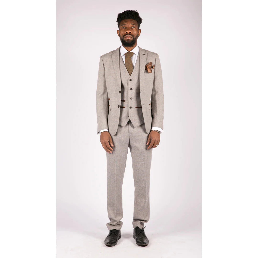 Mens 3 Piece Tweed Check Suit - Cream