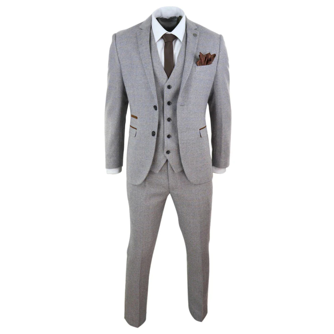 Mens 3 Piece Tweed Check Suit - Cream