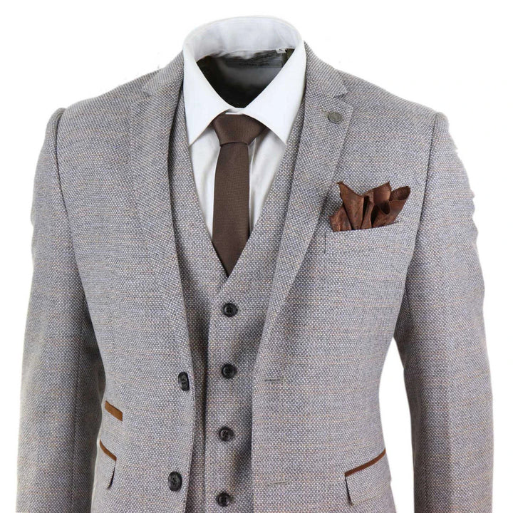 Mens 3 Piece Tweed Check Suit - Cream