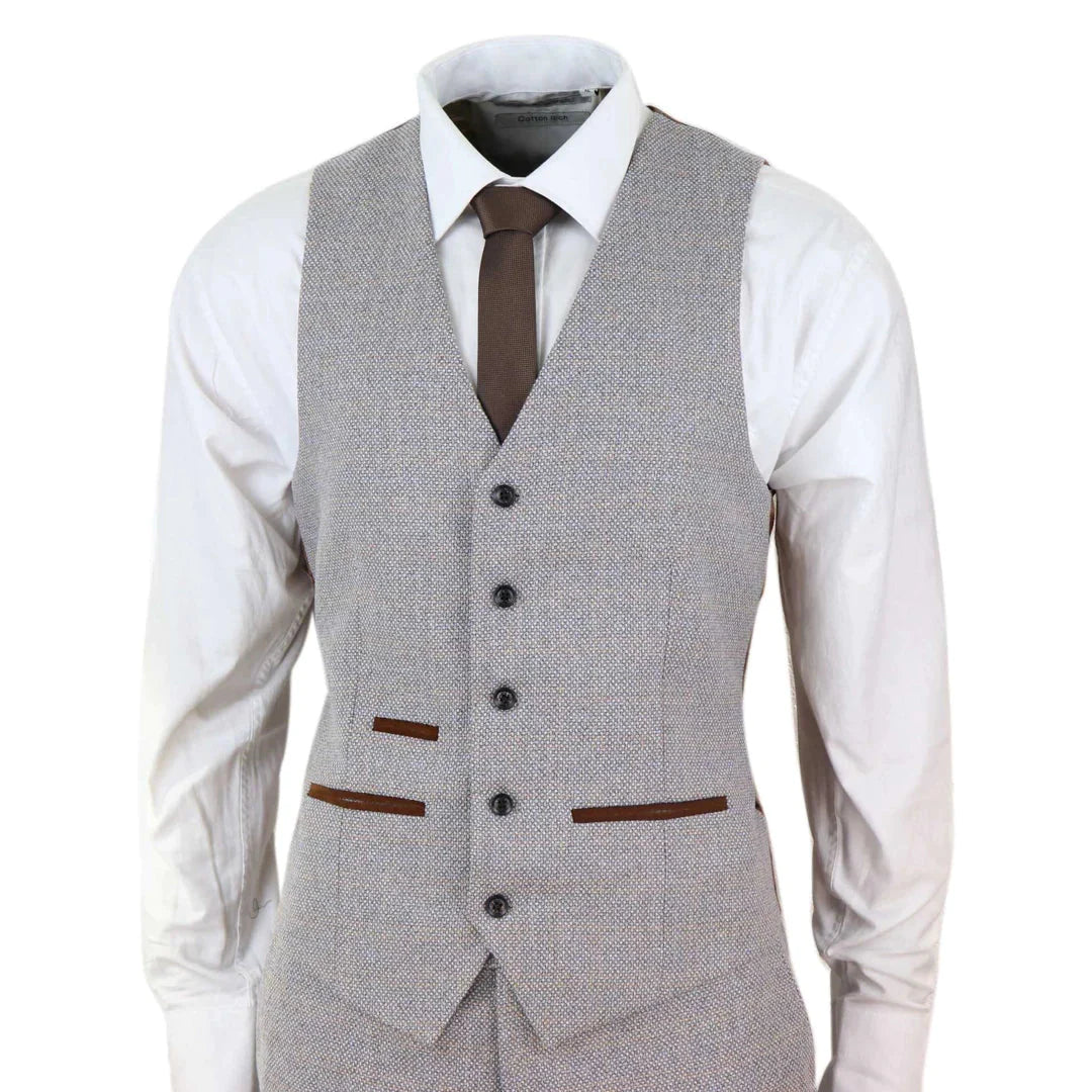 Mens 3 Piece Tweed Check Suit - Cream