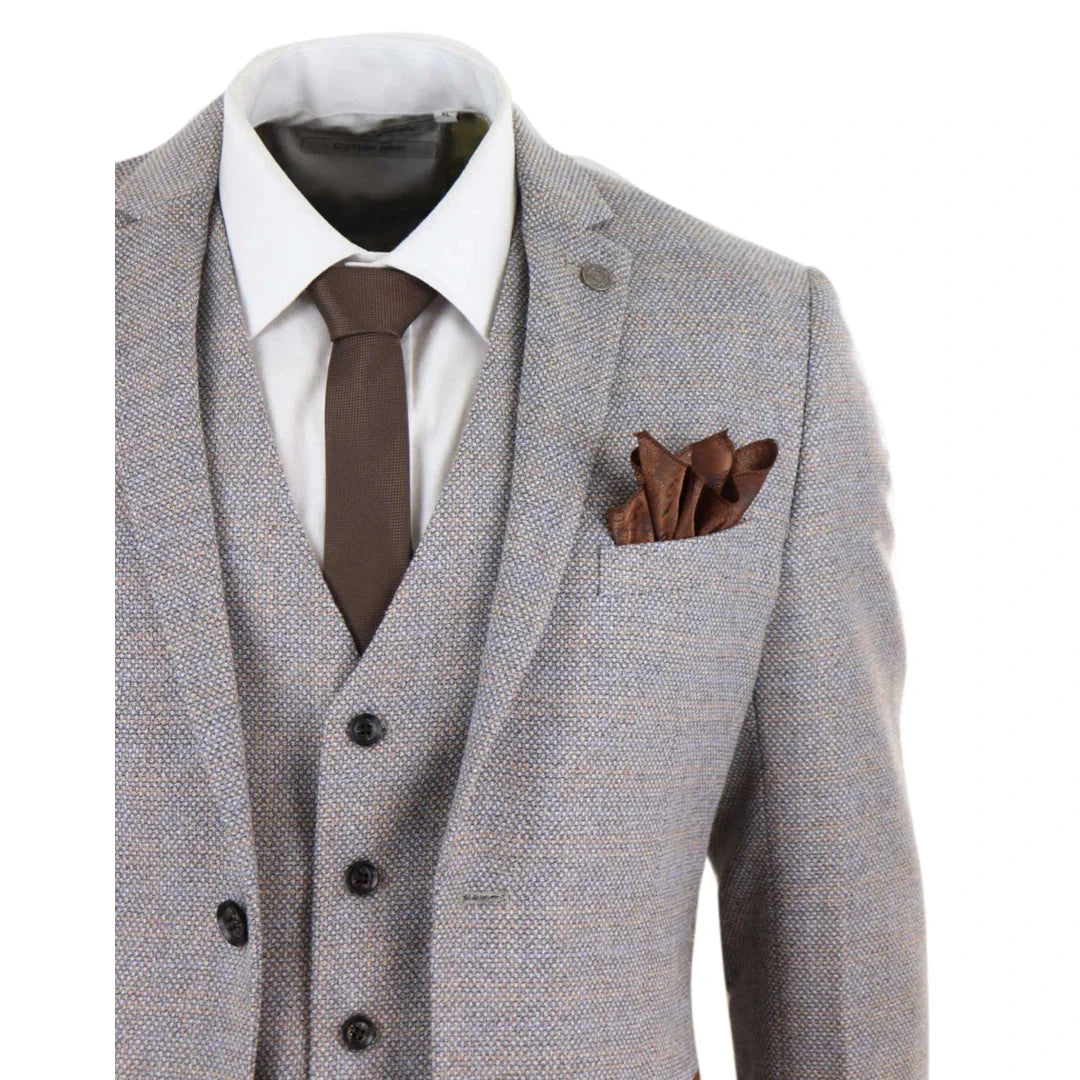 Mens 3 Piece Tweed Check Suit - Cream