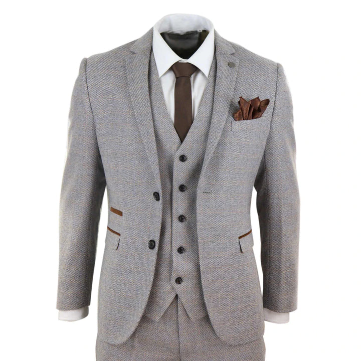 Mens 3 Piece Tweed Check Suit - Cream