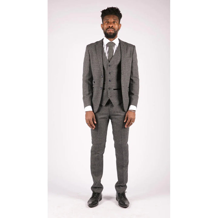 Mens 3 Piece Tweed Check Suit - Navy Blue