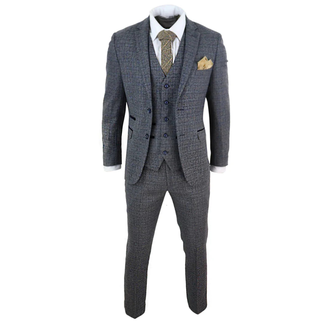 Mens 3 Piece Tweed Check Suit - Navy Blue