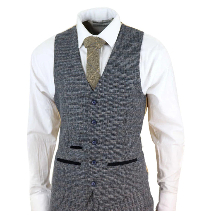 Mens 3 Piece Tweed Check Suit - Navy Blue