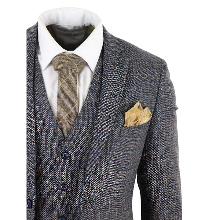 Mens 3 Piece Tweed Check Suit - Navy Blue