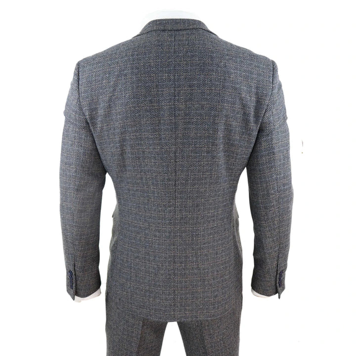 Mens 3 Piece Tweed Check Suit - Navy Blue