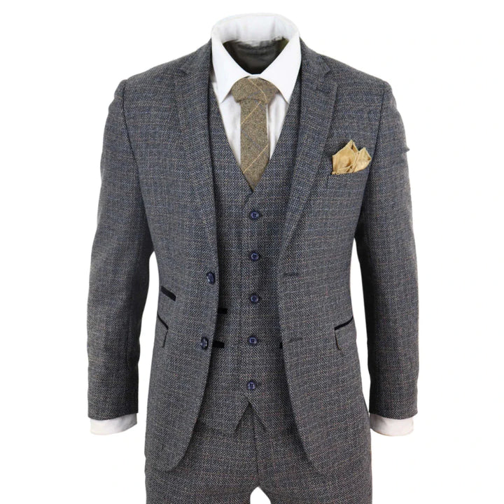 Mens 3 Piece Tweed Check Suit - Navy Blue