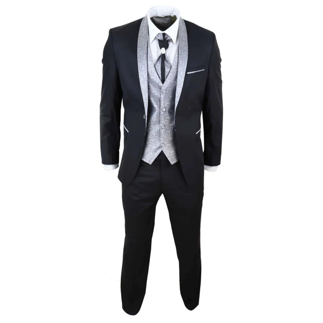 Mens 4 Piece Shawl Lapel Suit - Black/Silver