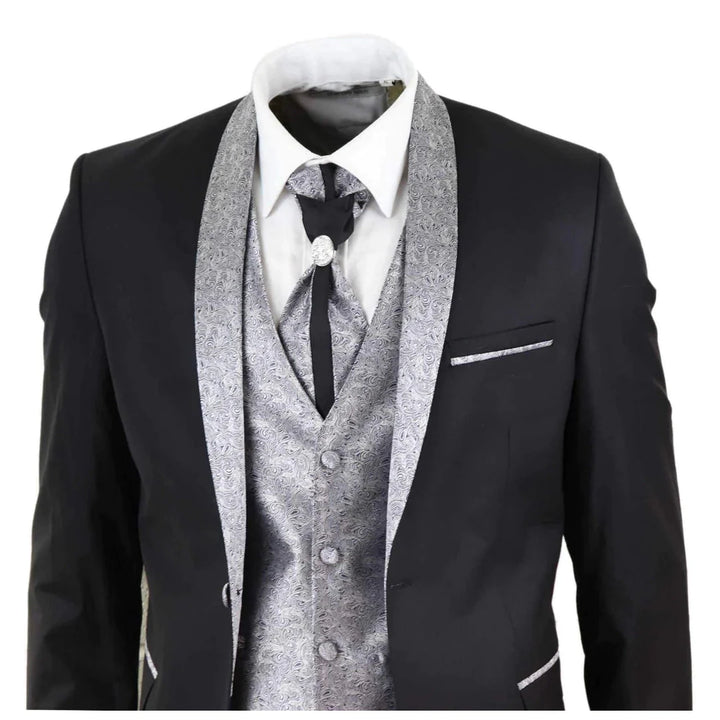 Mens 4 Piece Shawl Lapel Suit - Black/Silver