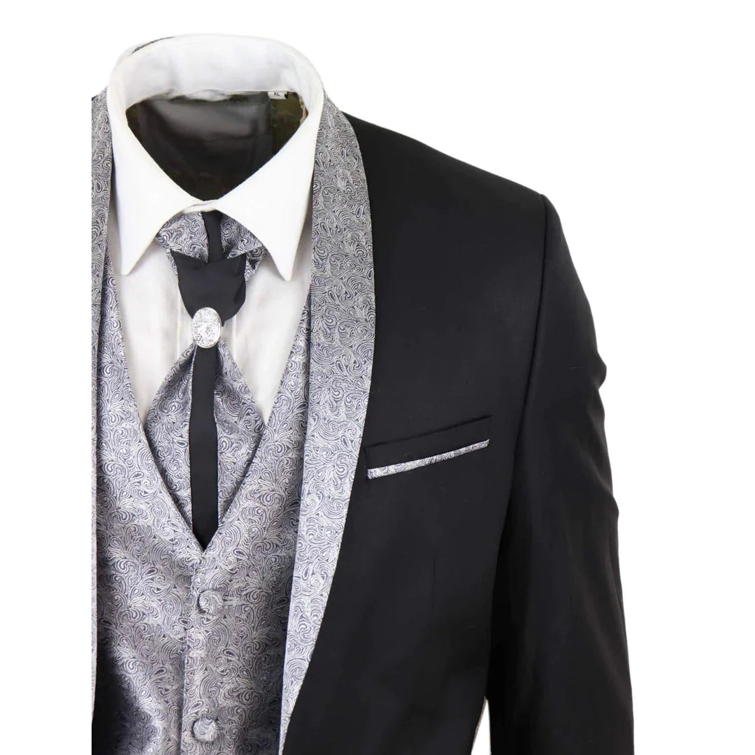 Mens 4 Piece Shawl Lapel Suit - Black/Silver