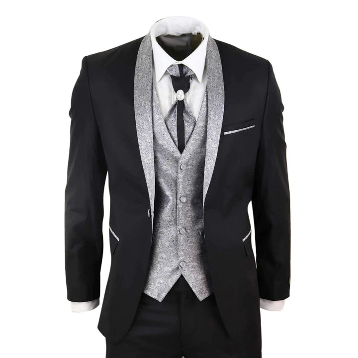 Mens 4 Piece Shawl Lapel Suit - Black/Silver