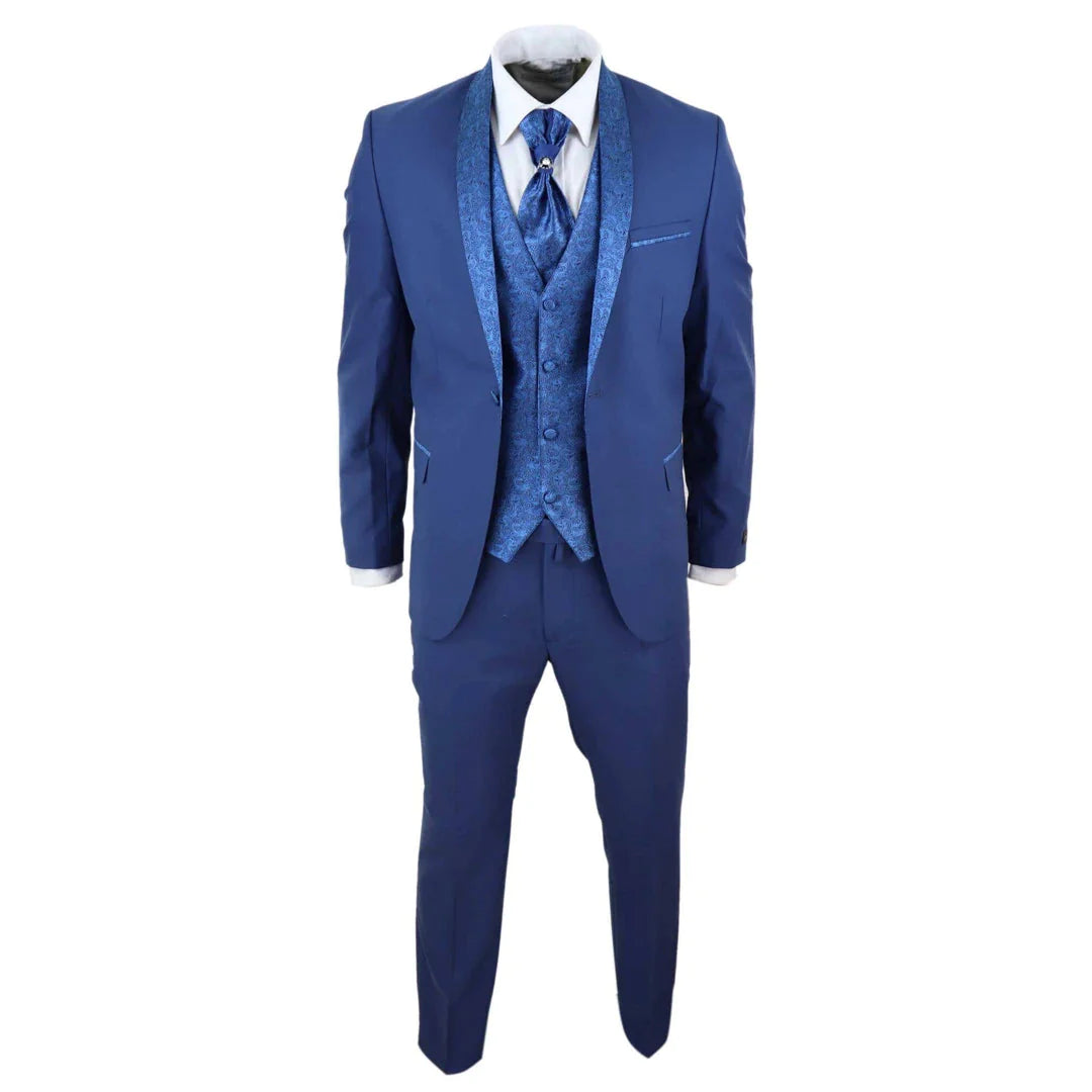 Mens 4 Piece Shawl Lapel Suit - Blue