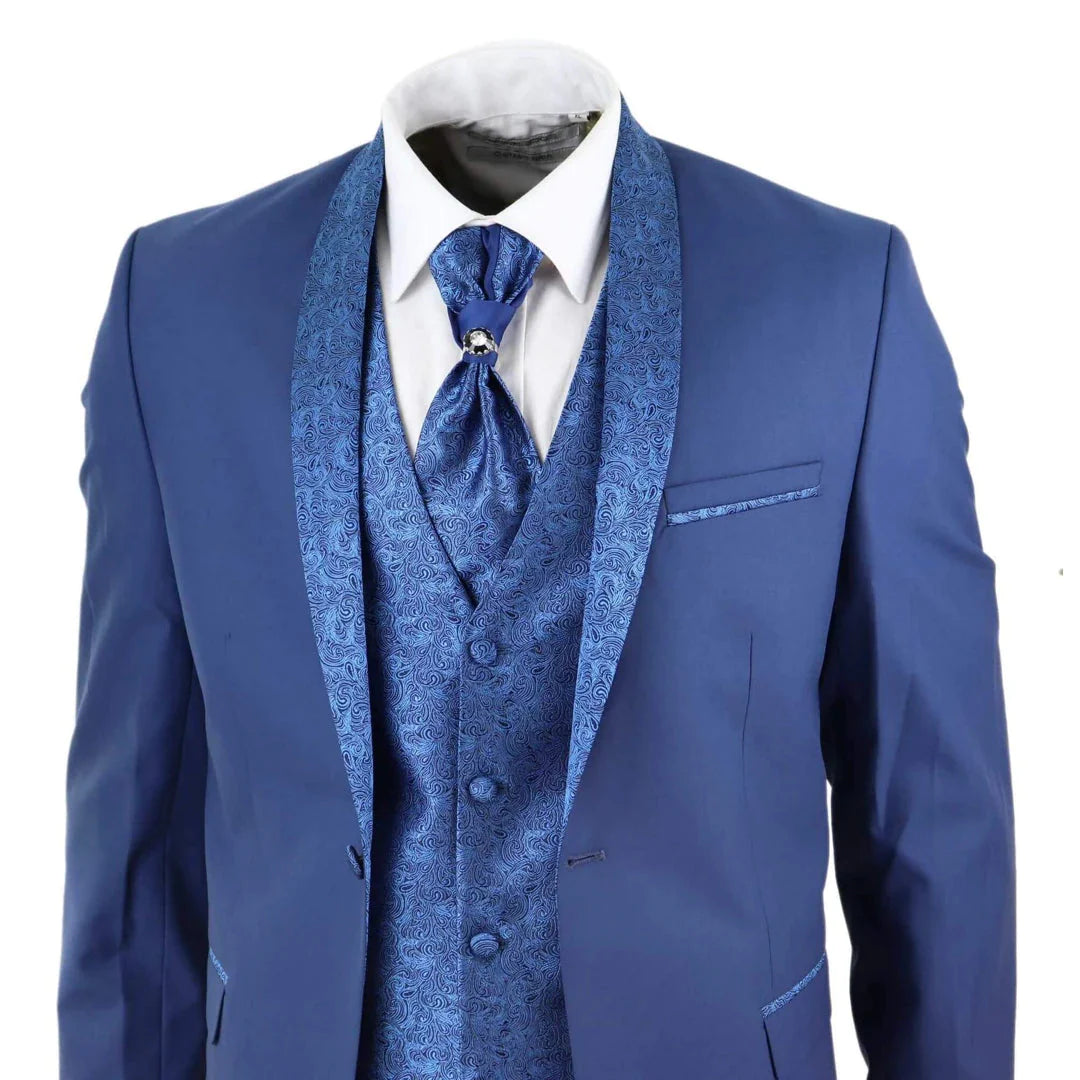 Mens 4 Piece Shawl Lapel Suit - Blue