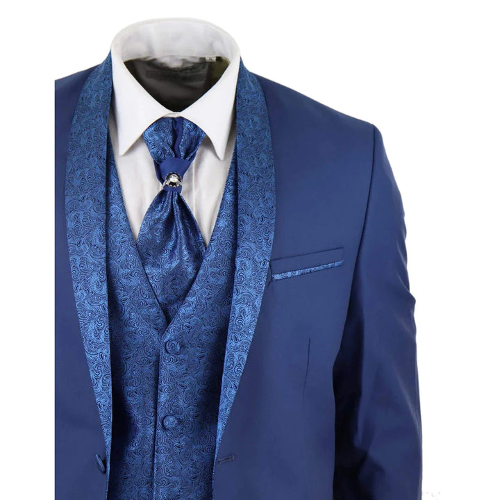 Mens 4 Piece Shawl Lapel Suit - Blue