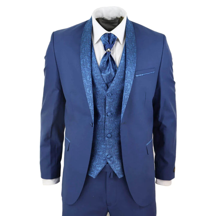 Mens 4 Piece Shawl Lapel Suit - Blue