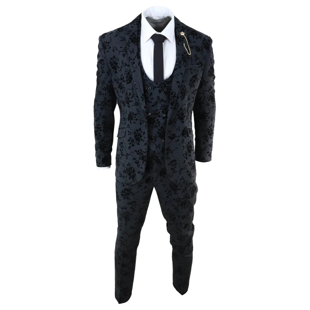 Cavani - 3 Piece Black Paisley Velvet Suit