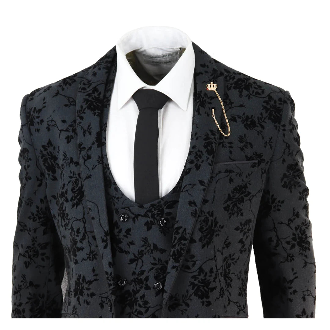 Cavani - 3 Piece Black Paisley Velvet Suit