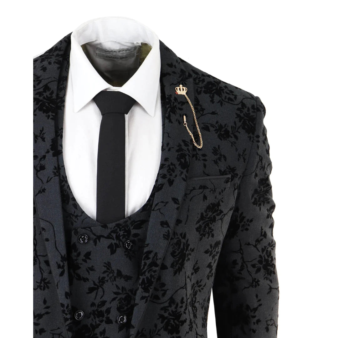 Cavani - 3 Piece Black Paisley Velvet Suit