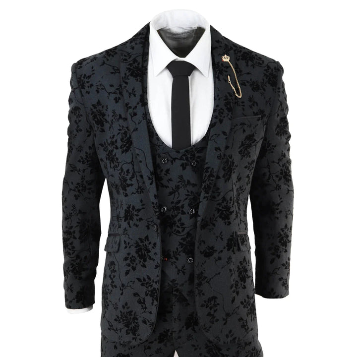 Cavani - 3 Piece Black Paisley Velvet Suit