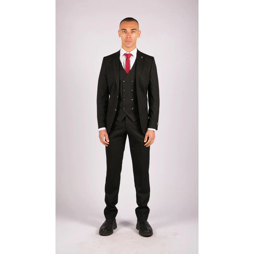 Mens Black 3 Piece Pinstripe Suit