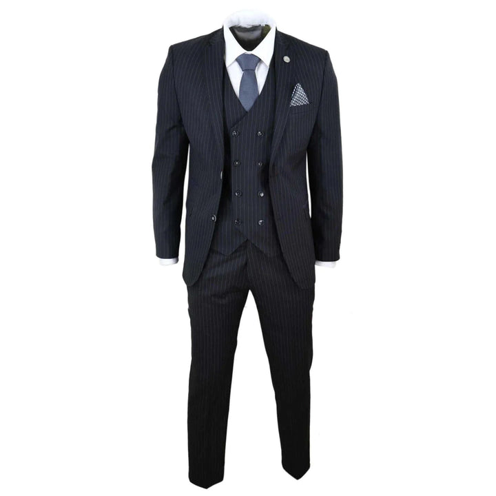 Mens Black 3 Piece Pinstripe Suit