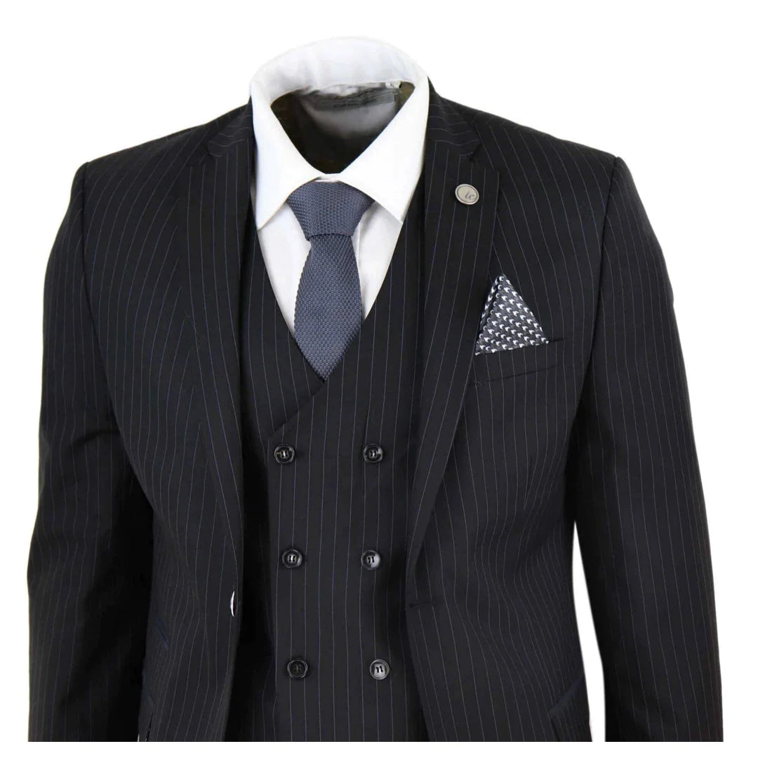 Mens Black 3 Piece Pinstripe Suit