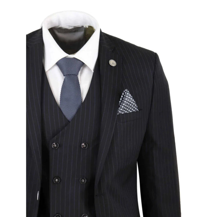 Mens Black 3 Piece Pinstripe Suit