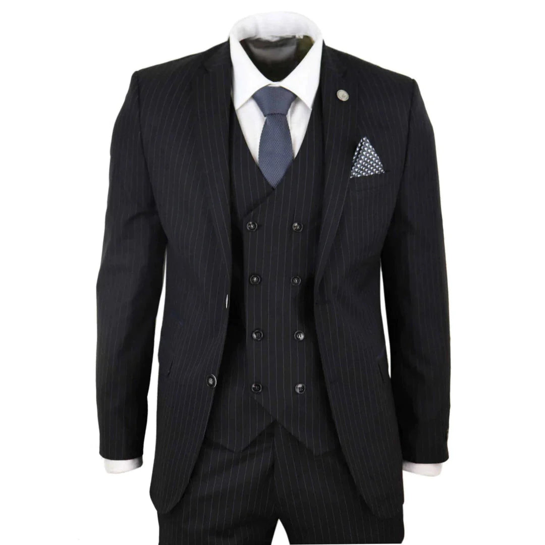 Mens Black 3 Piece Pinstripe Suit