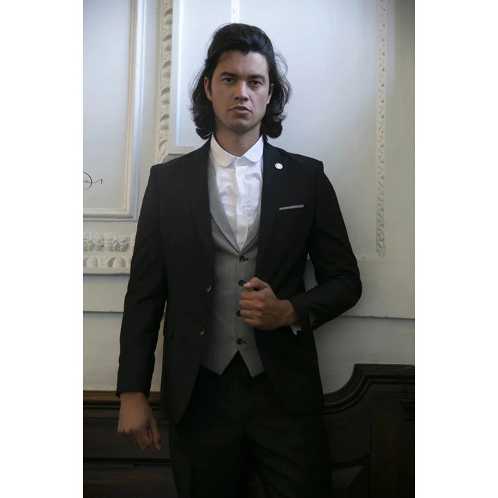 Mens Black 3 Piece Suit With Contrasting Grey Waistcoat