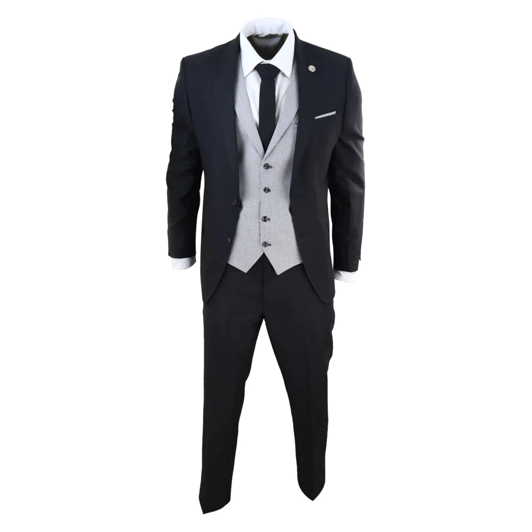 Mens Black 3 Piece Suit With Contrasting Grey Waistcoat