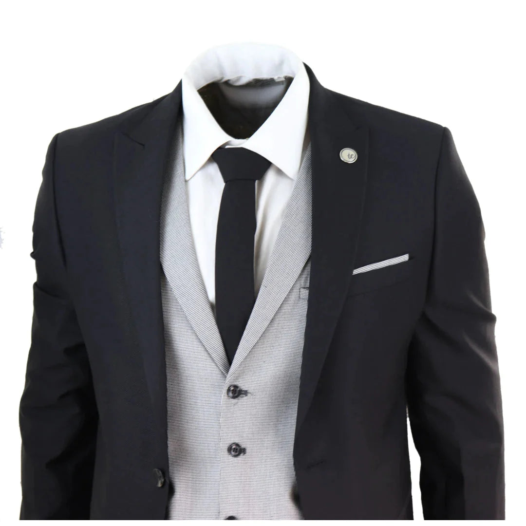 Mens Black 3 Piece Suit With Contrasting Grey Waistcoat