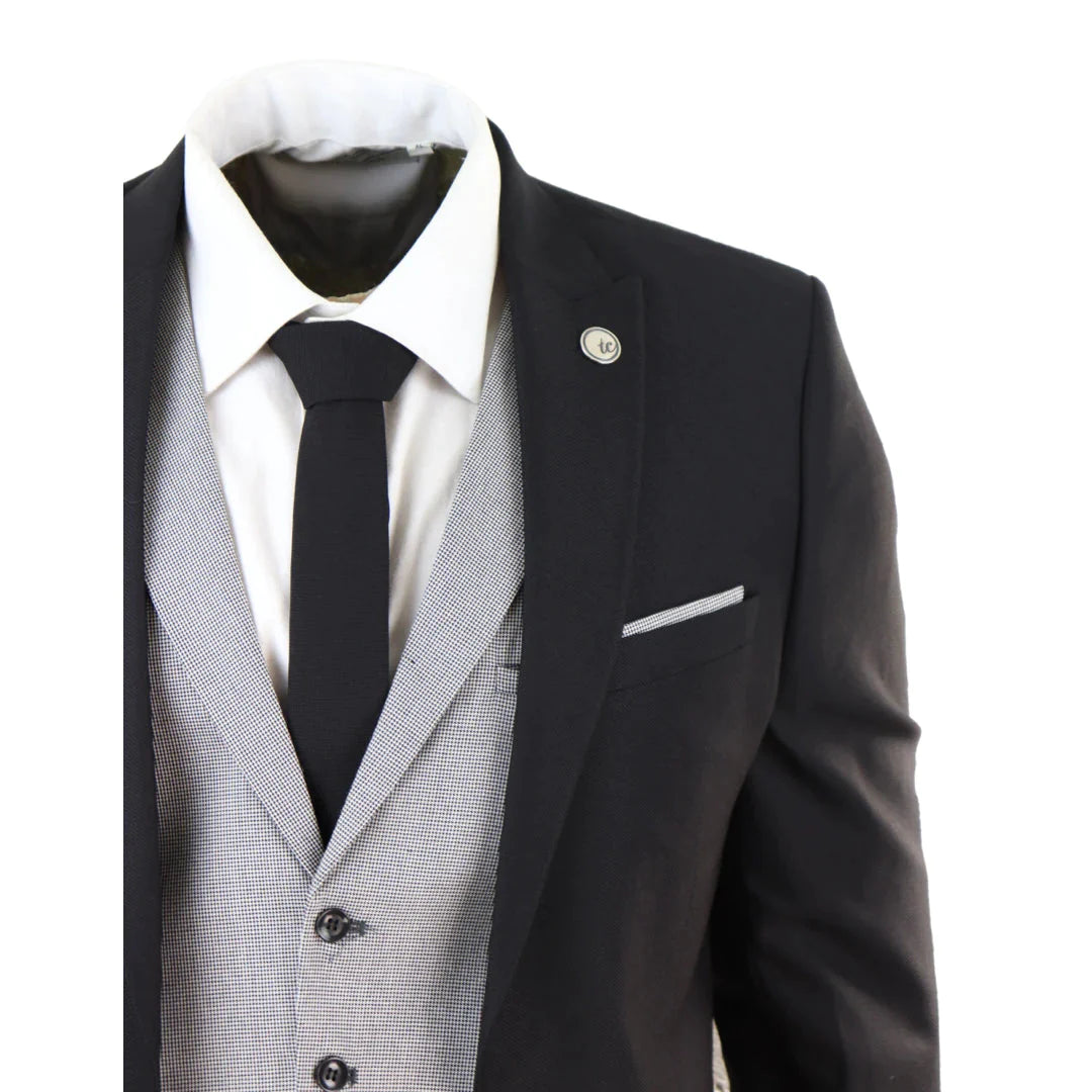 Mens Black 3 Piece Suit With Contrasting Grey Waistcoat