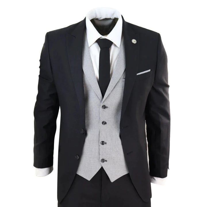 Mens Black 3 Piece Suit With Contrasting Grey Waistcoat