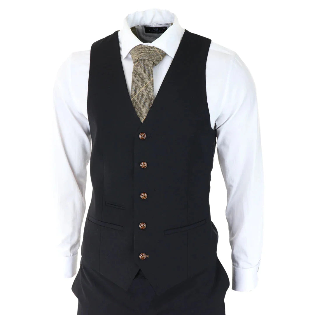 Mens Black 3 Piece Suit Brown Trim Classic Birdseye Vintage Wedding Grooms