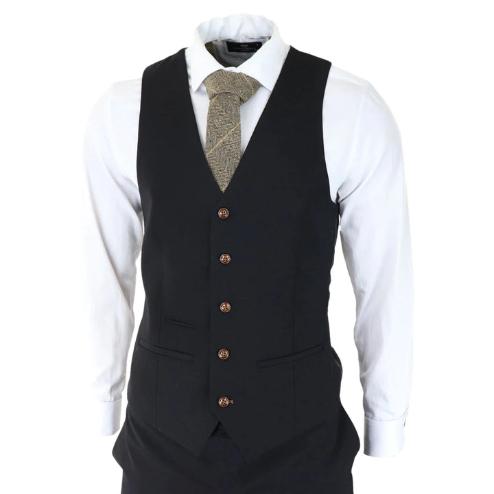 Mens Black 3 Piece Suit Brown Trim Classic Birdseye Vintage Wedding Grooms