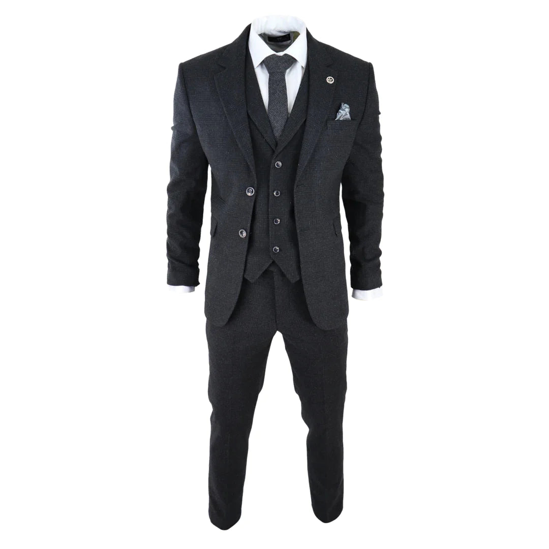 Mens Black Tweed 3 Piece Suit Check Vintage 1920s Gatsby Blinders Tailored Fit