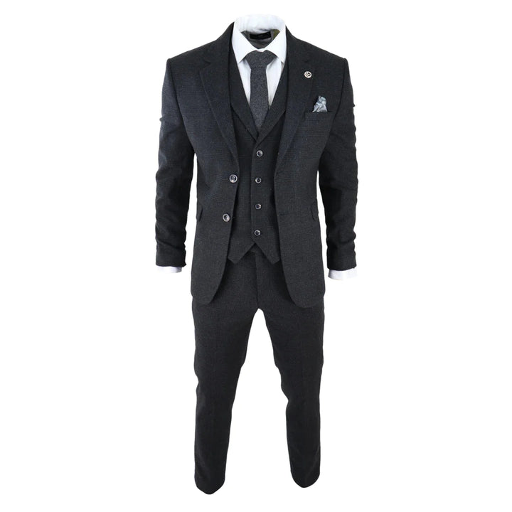 Mens Black Tweed 3 Piece Suit Check Vintage 1920s Gatsby Blinders Tailored Fit