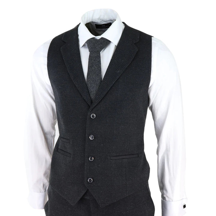 Mens Black Tweed 3 Piece Suit Check Vintage 1920s Gatsby Blinders Tailored Fit