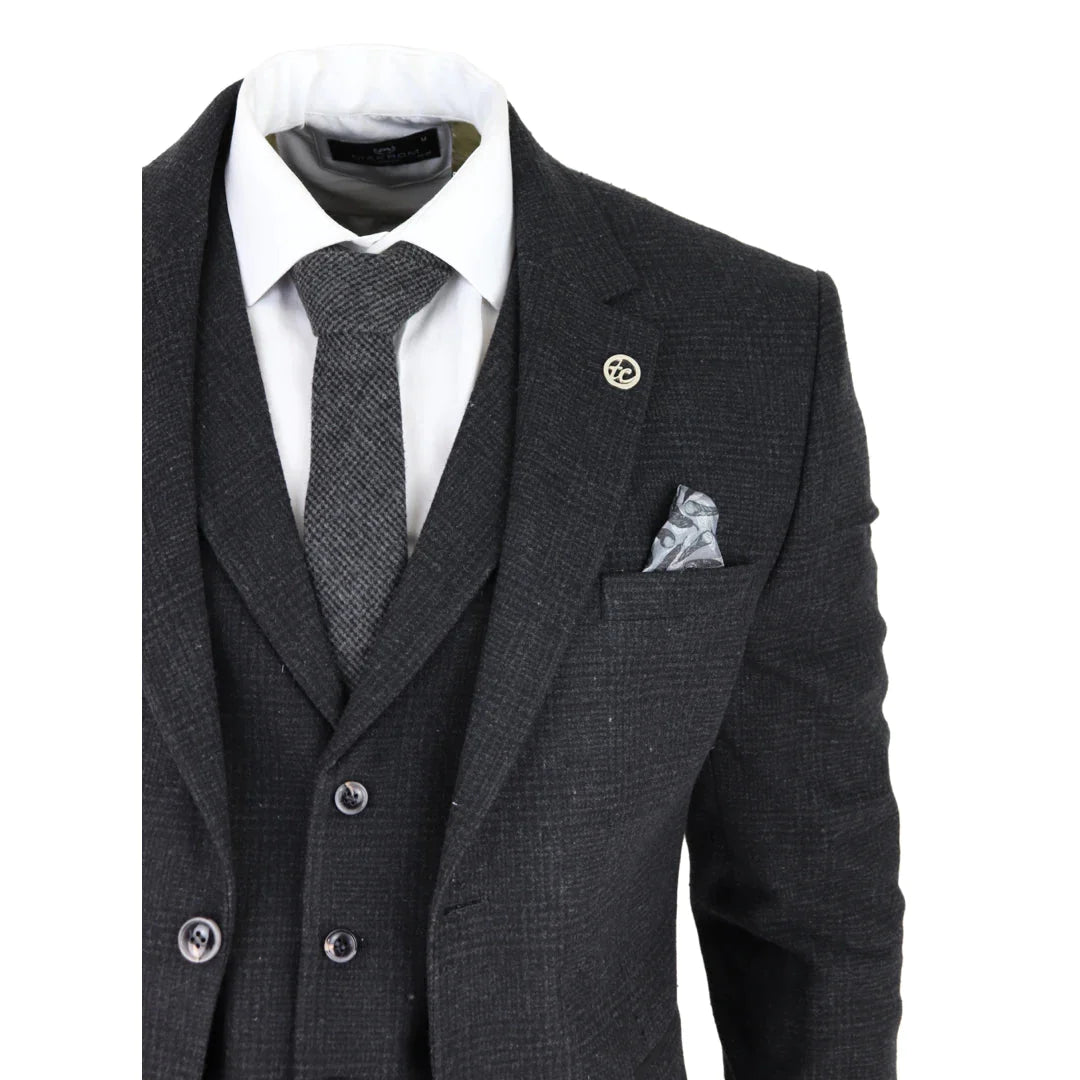 Mens Black Tweed 3 Piece Suit Check Vintage 1920s Gatsby Blinders Tailored Fit