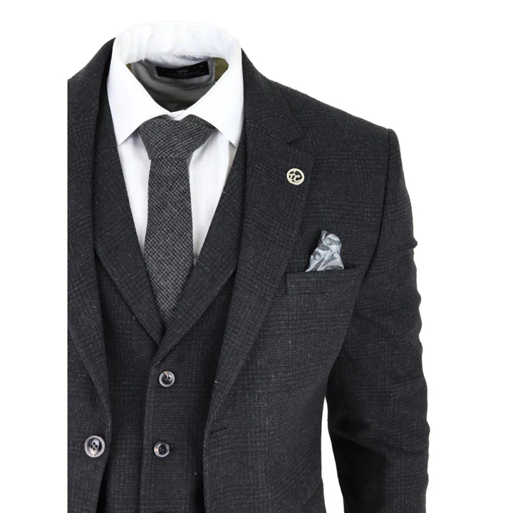 Mens Black Tweed 3 Piece Suit Check Vintage 1920s Gatsby Blinders Tailored Fit