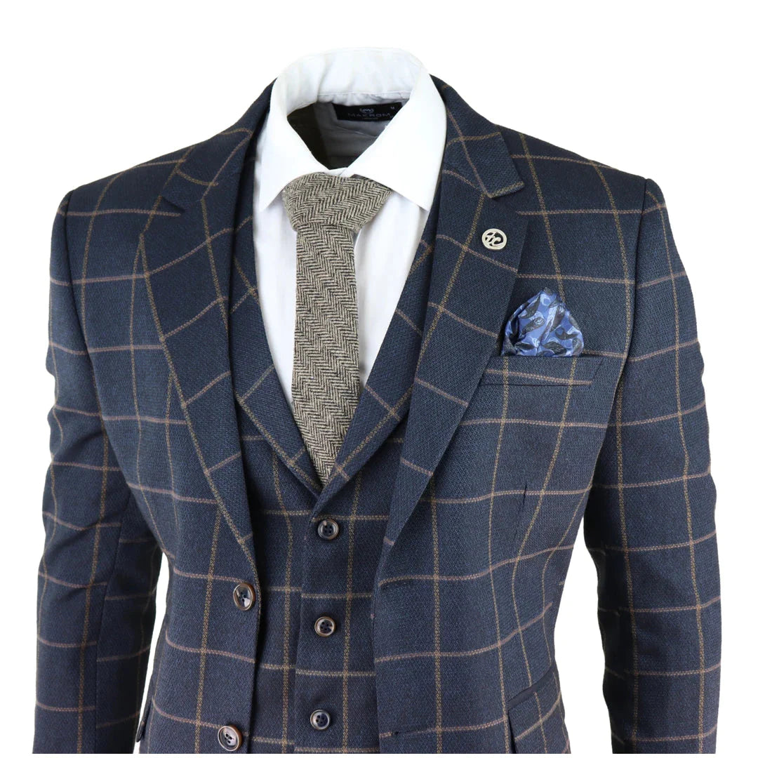 Mens Blue 3 Piece Suit Tan Check Classic Wedding Prom Peaky Tweed Vintage