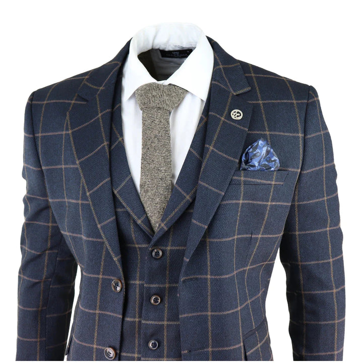 Mens Blue 3 Piece Suit Tan Check Classic Wedding Prom Peaky Tweed Vintage